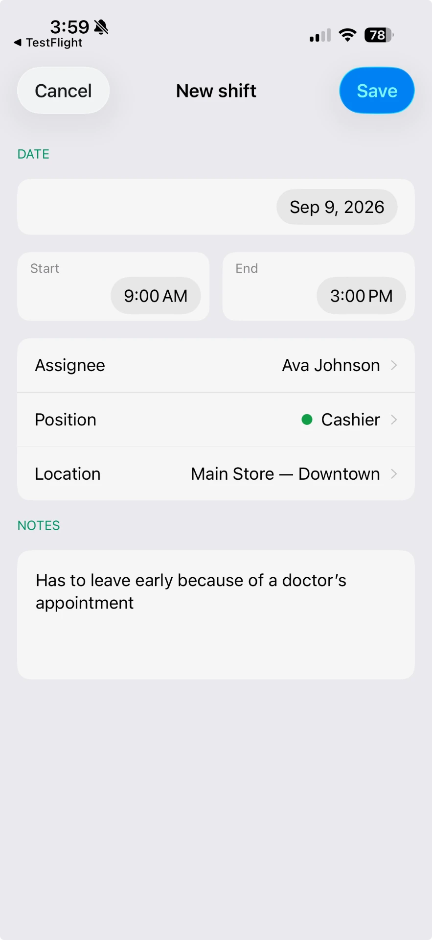 Plantilla mobile app weekly schedule with shift cards